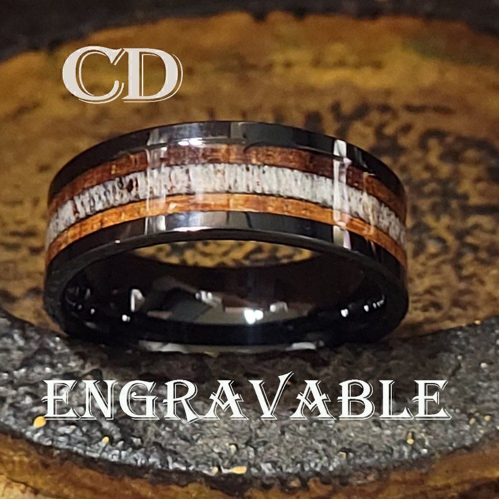 Personalized Men's Real Black Tungsten Promise Ring - Whiskey Barrel Wood Bone
